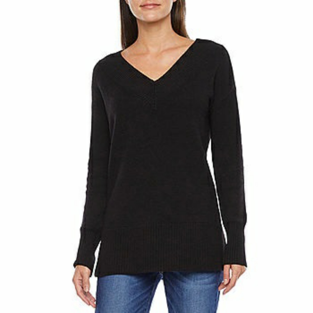 NWT size Large Classic black v neck soft knit sweater Fall boxy long sleeve